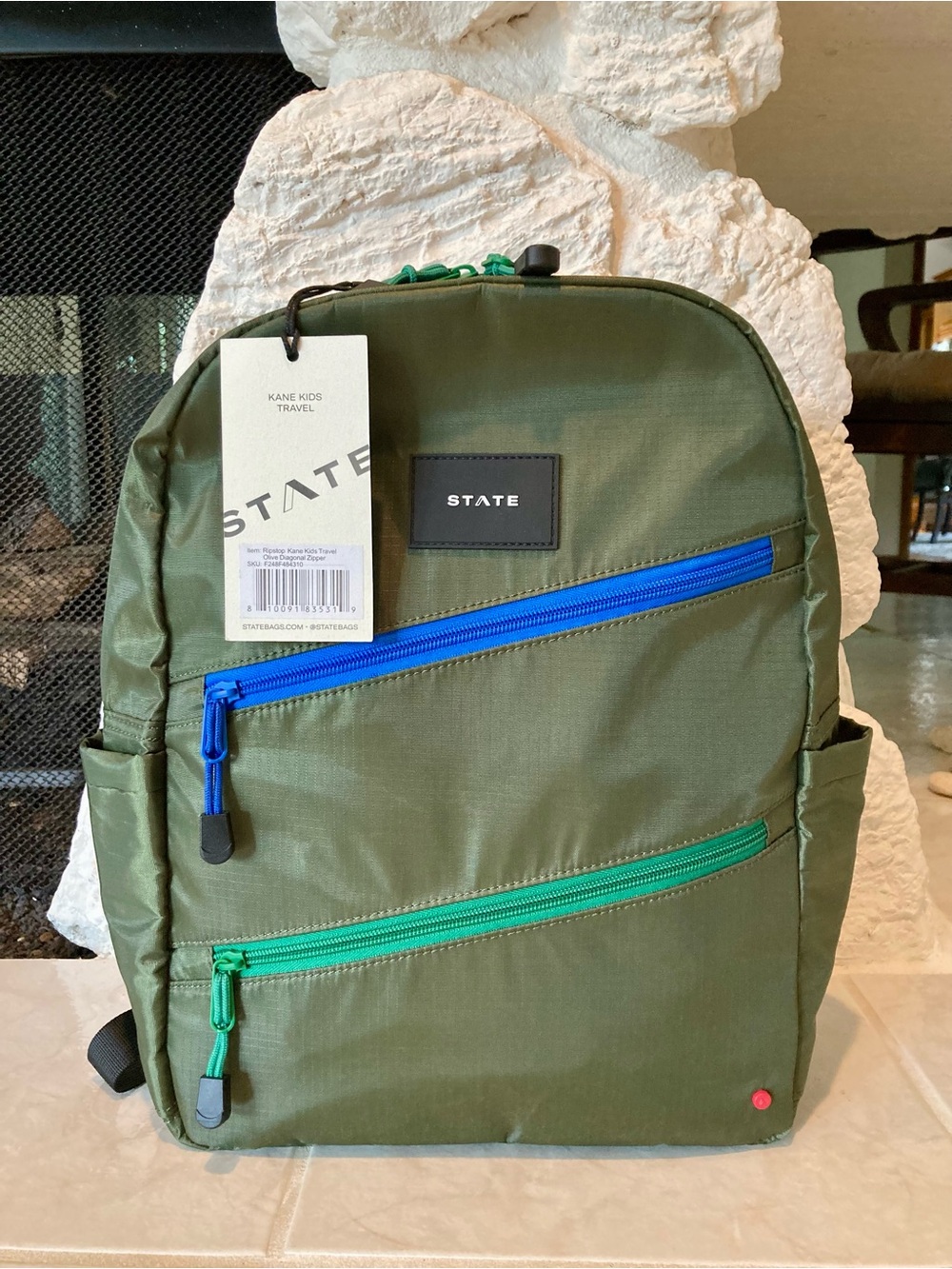 NWT STATE Dark Green Backpack with Blue & Green Zippers and Pink Loop